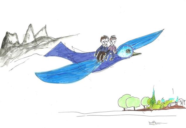 Oiseau bleu volant avec enfants sur son dos - Michel Durand