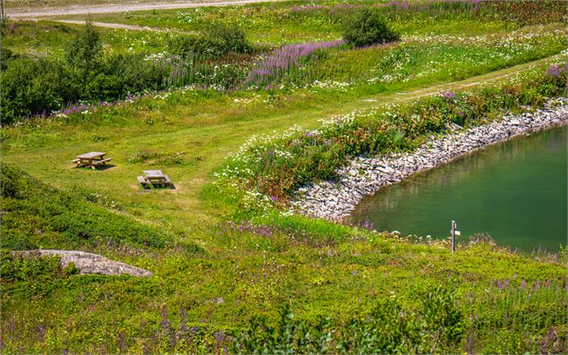 Vue sur les deux tables de pique-nique aux abords du lac de Vernant - OT Flaine-Candice Genard