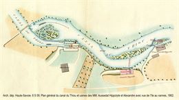 Plan général du canal du Thiou et usines des MM. Aussedat Hippolyte et Alexandre avec vue de l’île a