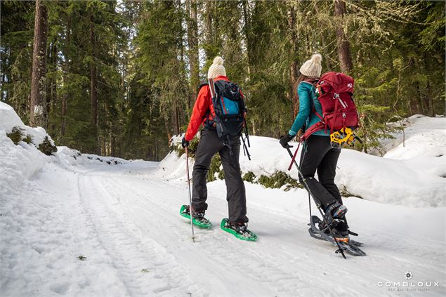 Couple en raquettes de dos dans la forêt - OT Combloux_Marine Martin