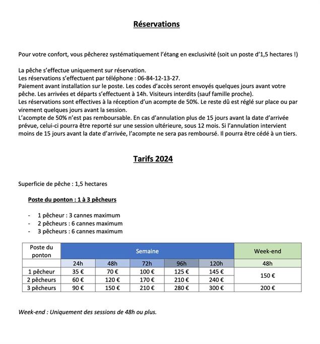 Tarif pêche étang Chamarin - Etang Chamarin