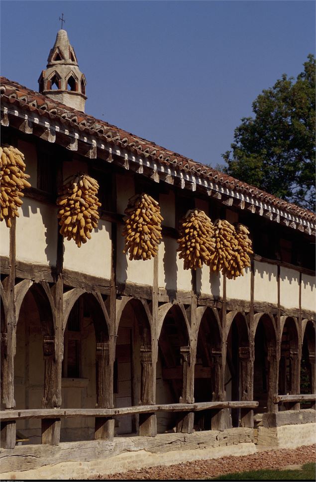 Détail de la ferme musée avec épis de maïs et cheminée sarrasine - ©Gilles BREVET / Aintourisme