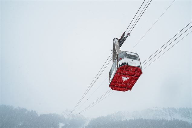 Une vue impressionnant en contre bas d'une cabine du téléphérique du Fornet. Le dessous rouge de la 