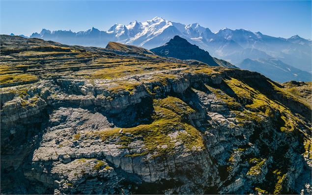 Vue en drone du Désert de Platé avec le mont Blanc en toile de fond - OT Flaine-Candice Genard