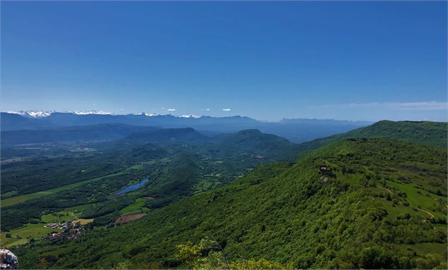 Vue depuis la Croix d'Innimond sur le lac d'Arboreaz, le sud du Bugey, le massif de la Chartreuse et