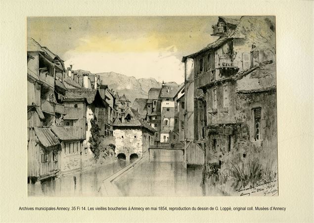 •	Les vieilles boucheries à Annecy, Loppé, 1854 - Archives municipales Annecy. 23 Fi O 0440