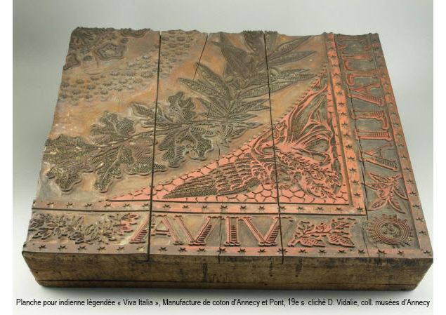 Planche pour indienne légendée « Viva Italia », Manufacture de coton d’Annecy et Pont, 19e siècle -